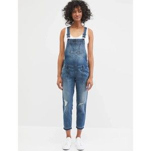 Maternity Indigo Blue denim jean overalls small letdown hem side panel stretch